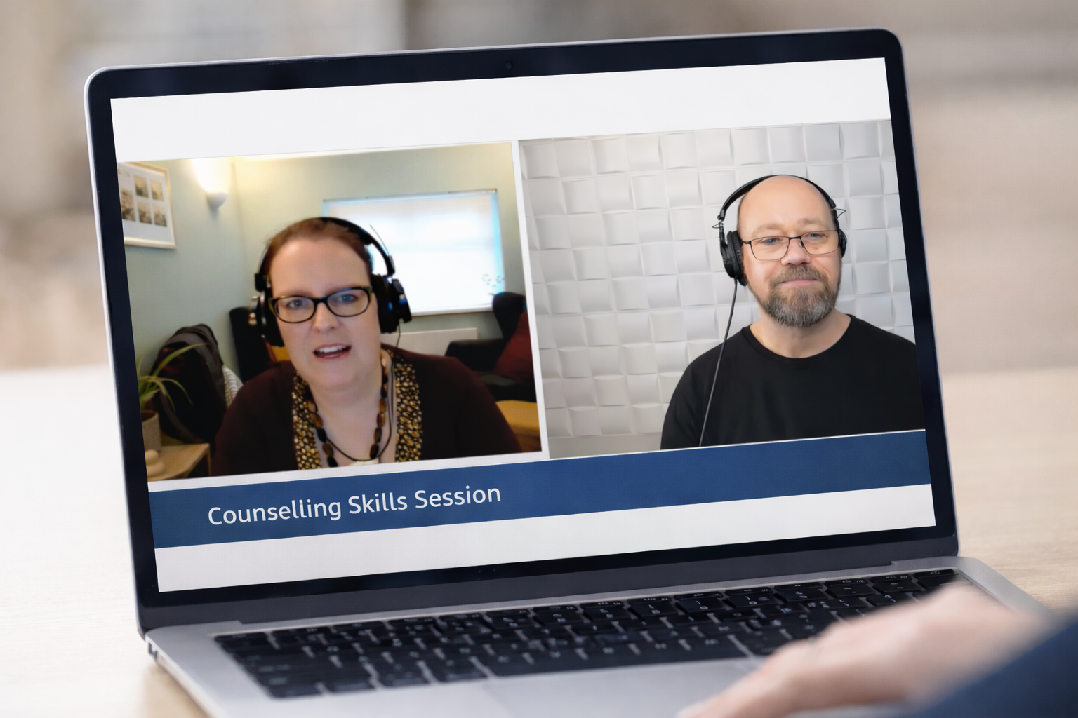 A real counselling skills session — two practitioners in a live video session